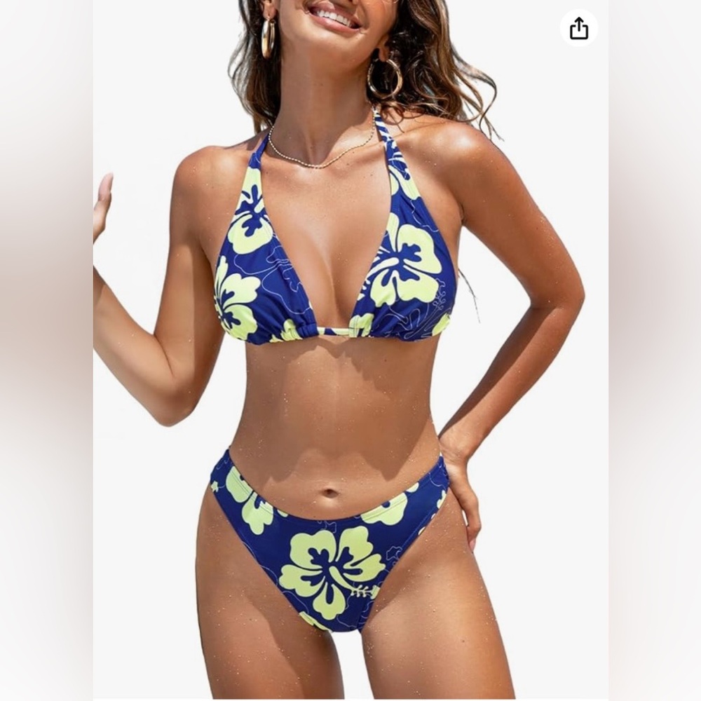 CUPSHE Women's V Neck Bikini Set Two Piece Swimsuit Navy and Yellow Floral Large